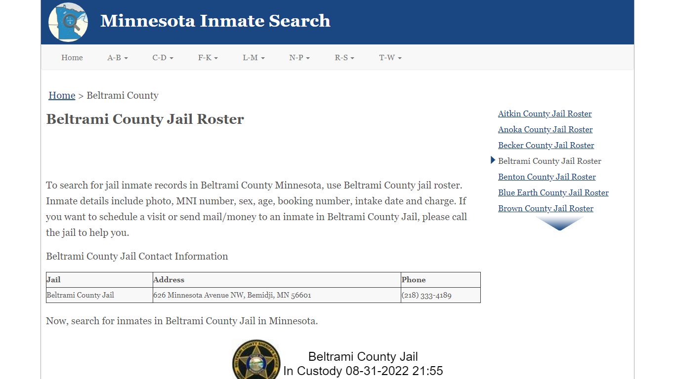 Beltrami County Jail Roster - Minnesota Inmate Search